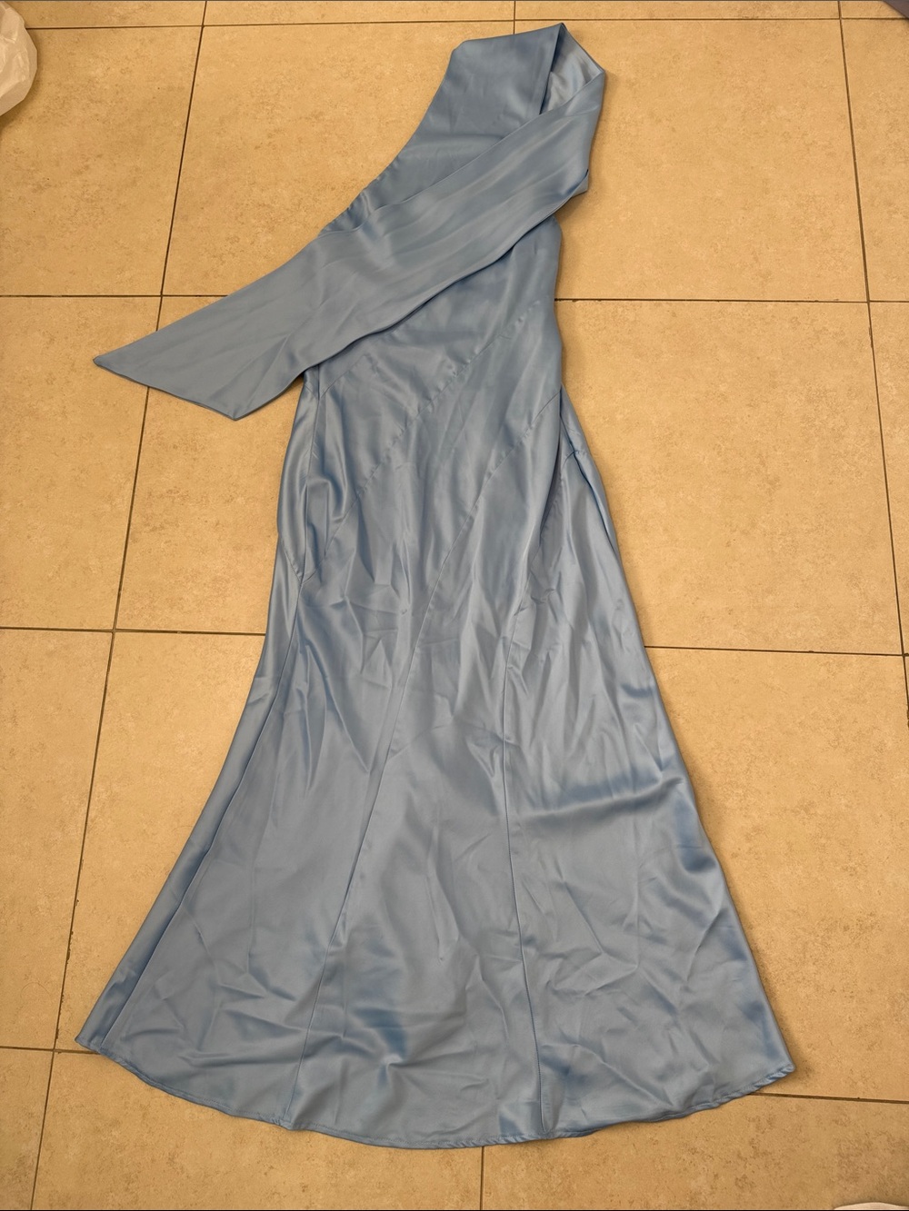 Hello Molly One-Shoulder Satin Dress in Pale Blue